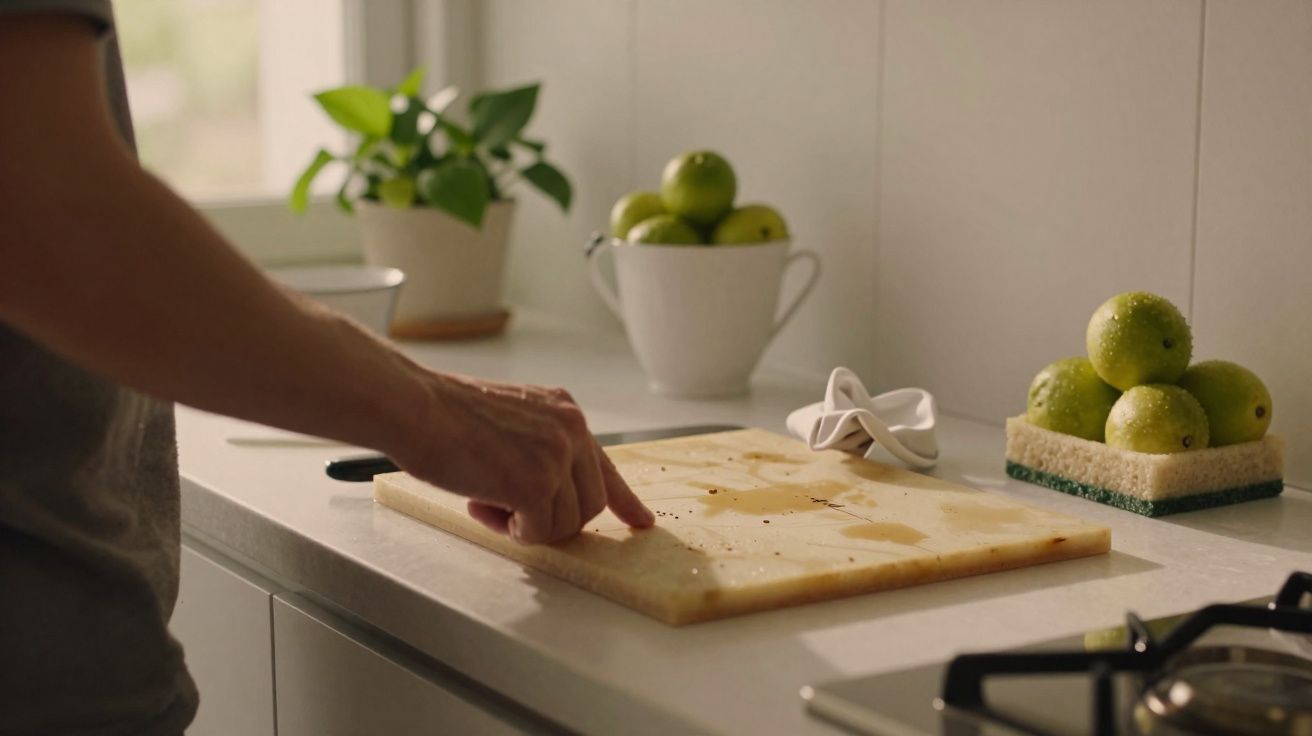 Pessoa limpando uma tábua de corte em uma cozinha com limões e plantas ao fundo.