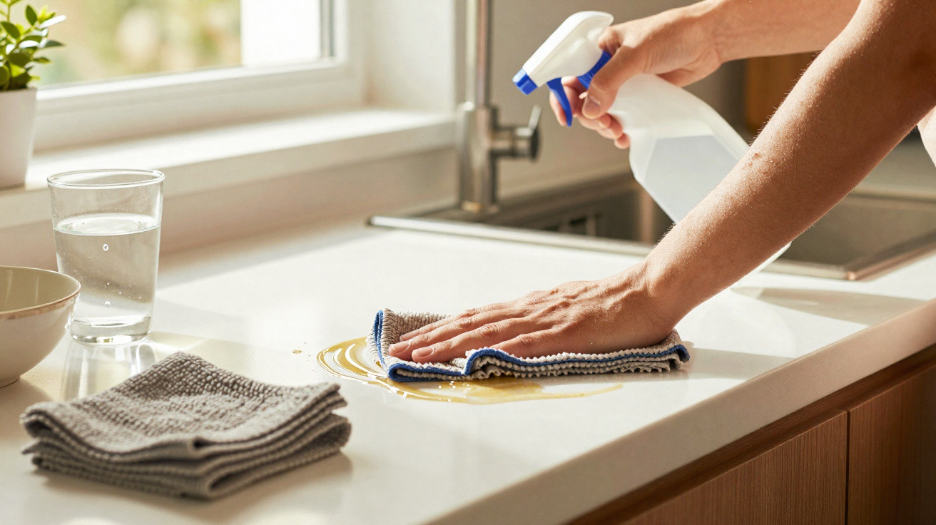 Pessoa limpando bancada branca da cozinha com spray e pano, ao lado de copo com água e toalhas.