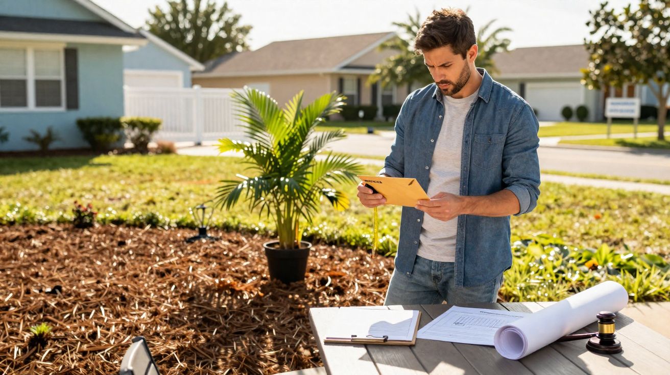 Homem avaliando plantas ao ar livre com tablet e documentos em mesa de madeira.