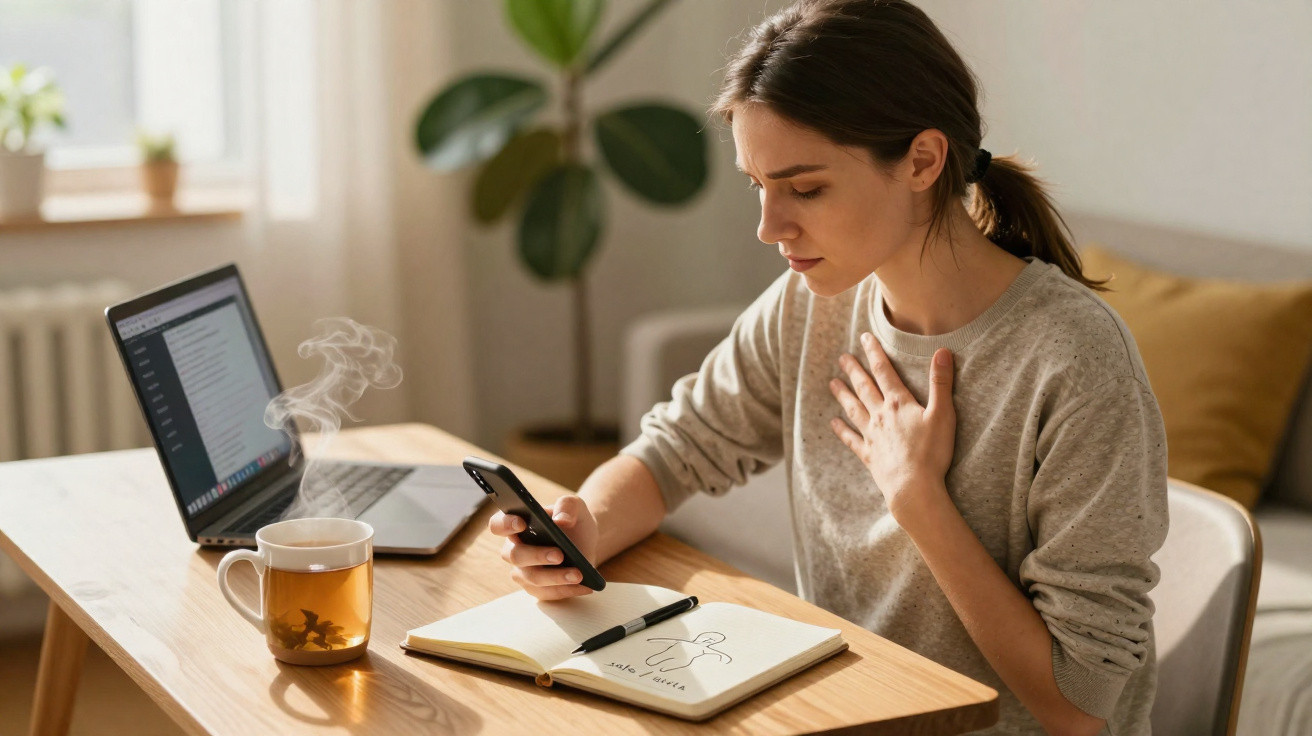 Mulher sentada à mesa, olhando o celular, com laptop e chá quente ao lado, em ambiente claro e aconchegante.