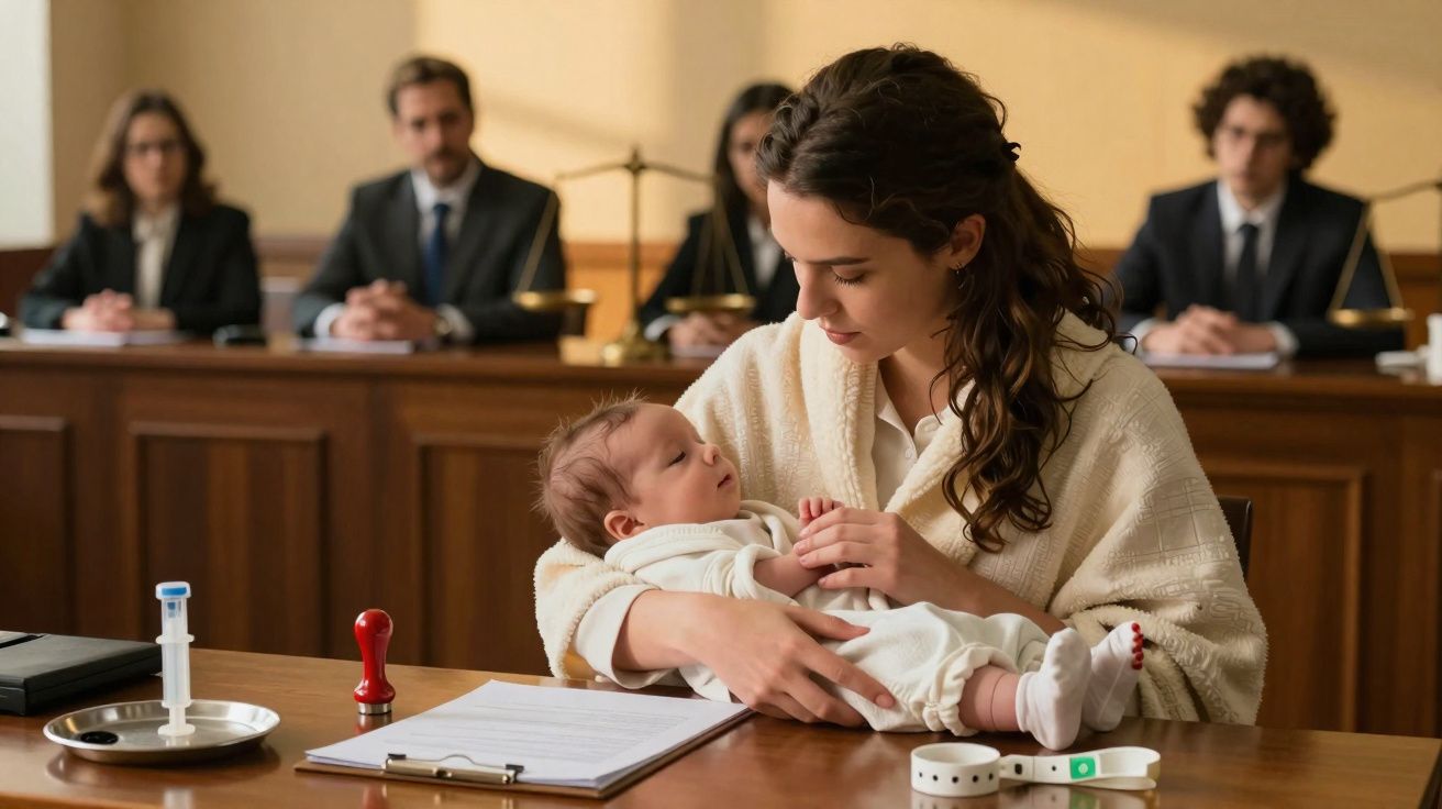 Mulher segurando bebê em tribunal, três jurados ao fundo observam a cena com atenção.