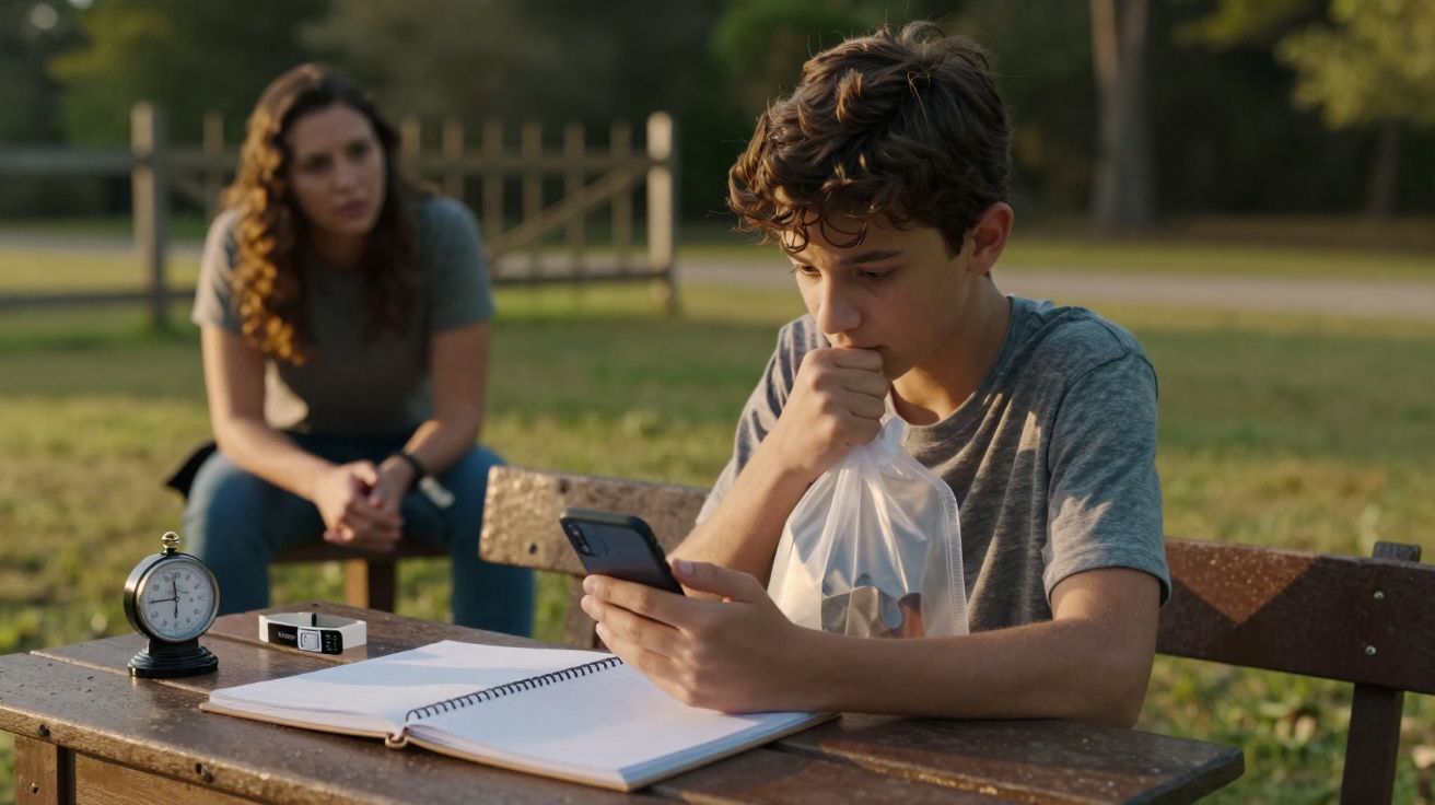 Adolescente sentado em banco ao ar livre usando celular, com mulher ao fundo observando e caderno aberto sobre a mesa.