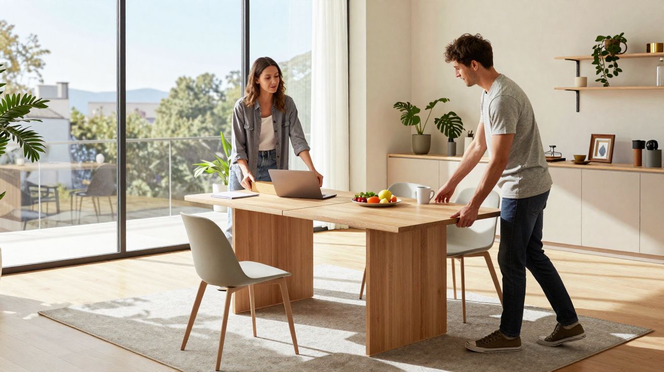 Homem e mulher organizam cadeiras em mesa de madeira em sala de jantar com decoração minimalista e luz natural.