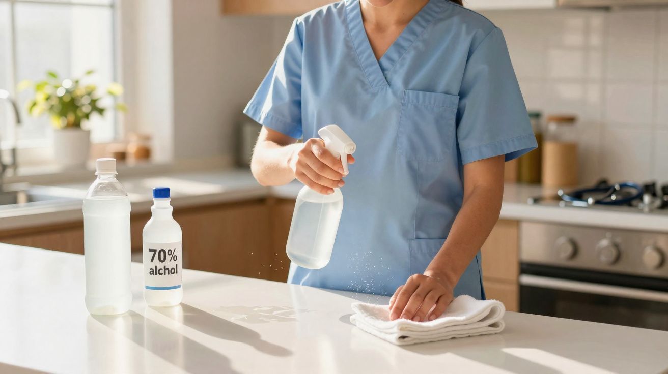Pessoa com roupa azul borrifando produto de limpeza em pano para limpar bancada da cozinha.