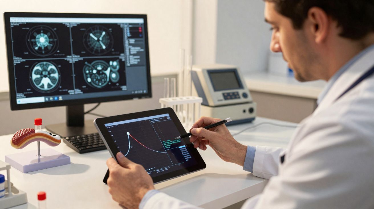 Médico analisando dados de exames no tablet com imagens radiológicas no computador ao fundo.