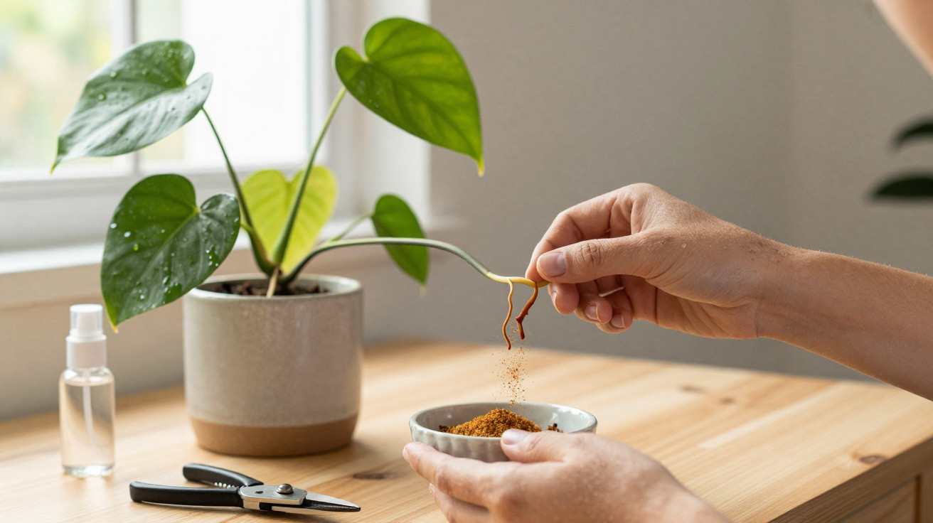 Mãos seguram raiz de planta e mexem em pote com substrato, vaso com planta e tesoura sobre mesa de madeira.
