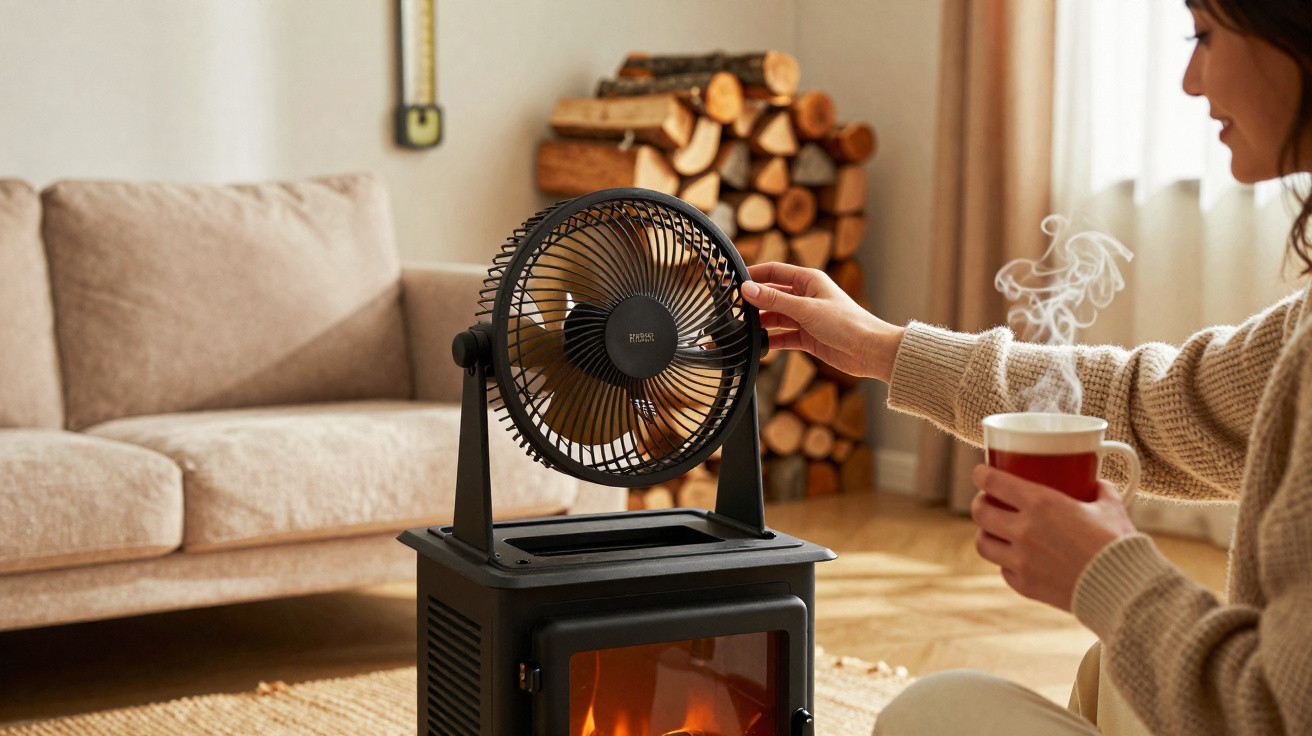 Pessoa ajusta ventilador em aquecedor a lenha em sala com sofá e lenha empilhada ao fundo.