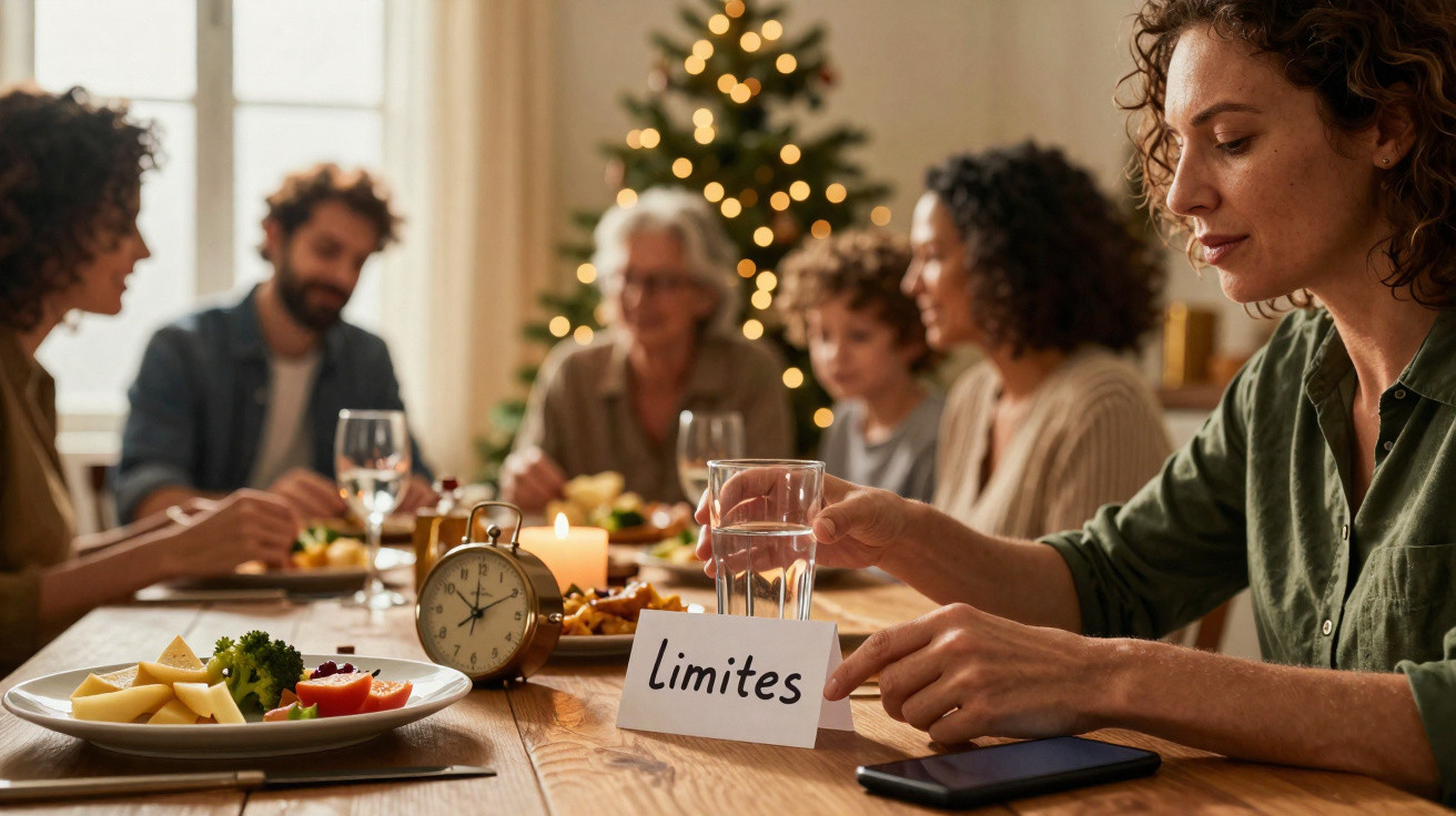 Pessoa segurando copo d'água na mesa com cartão escrito "Limites", família jantando ao fundo e árvore de Natal.