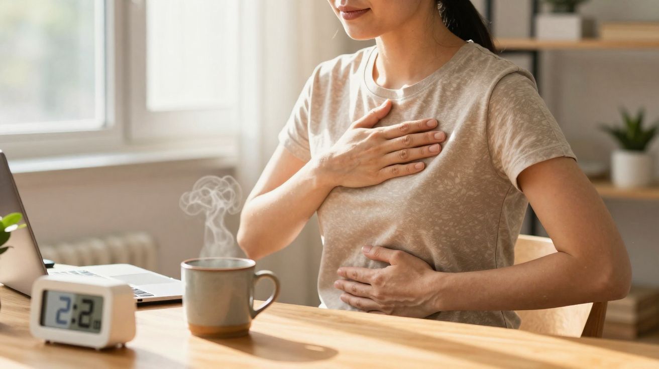 Mulher sentada à mesa com mão no peito e outra na barriga, aparentando desconforto.