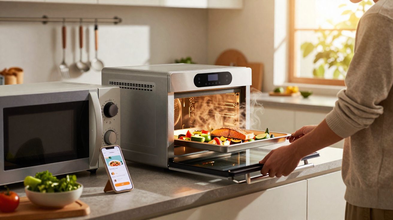 Pessoa retirando assadeira com salmão e legumes de forno elétrico numa cozinha moderna.