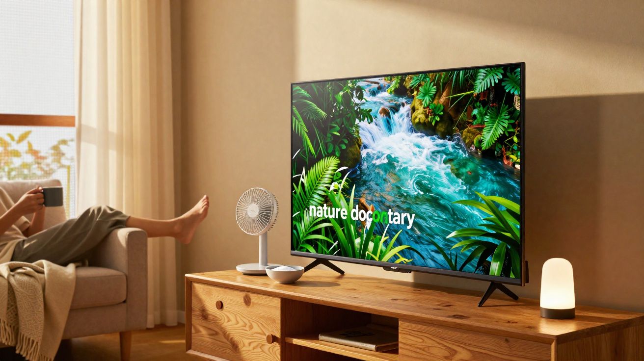 Sala com TV exibindo documentário da natureza, ventilador, luminária e pessoa sentada no sofá com xícara.