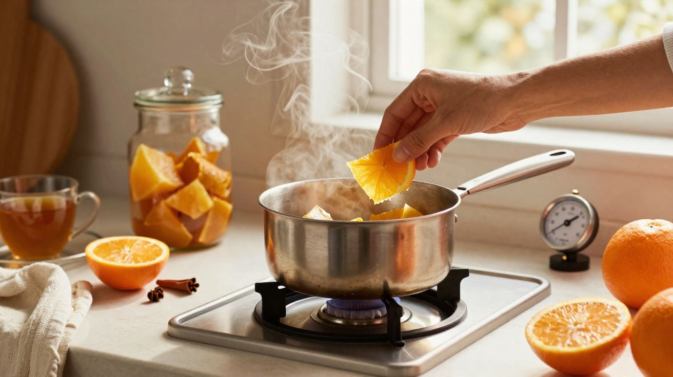 Mão colocando fatia de laranja em panela com frutas cozinhando no fogão a gás.