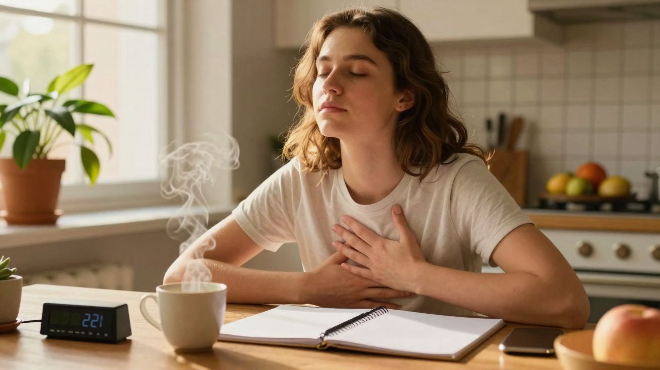 Mulher sentada em cozinha, olhos fechados, mãos no peito, com caneca de bebida quente e caderno à frente.
