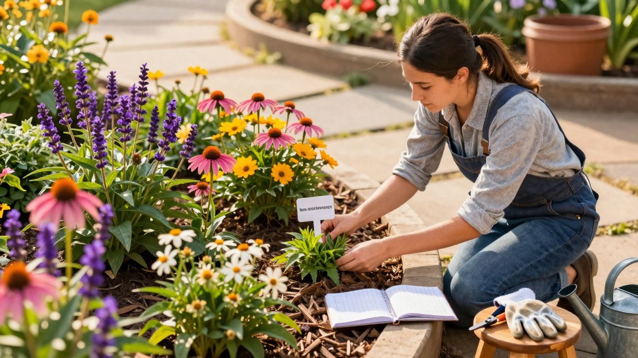 Jovem cuidando de plantas em jardim com flores coloridas, caderno e regador ao lado.