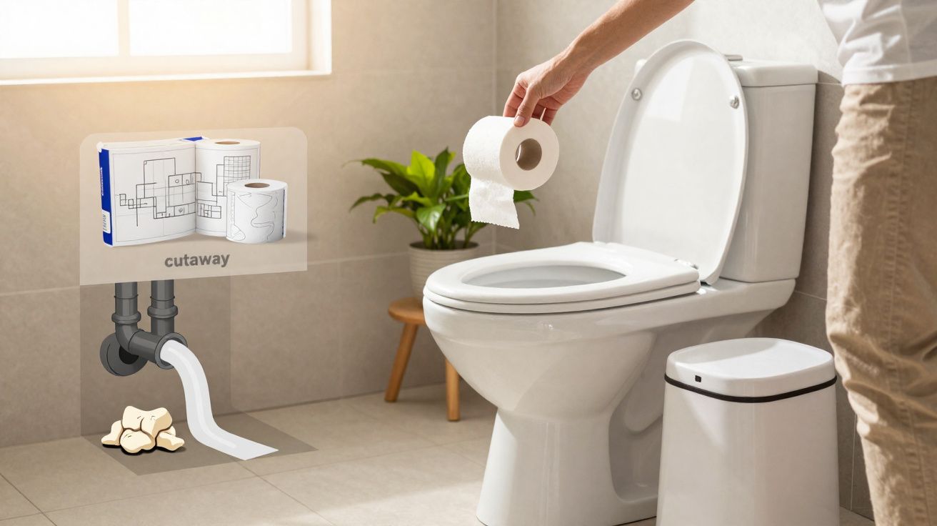 Banheiro moderno com vaso sanitário, papel higiênico e planta, mostrando tubulação entupida em ilustração.