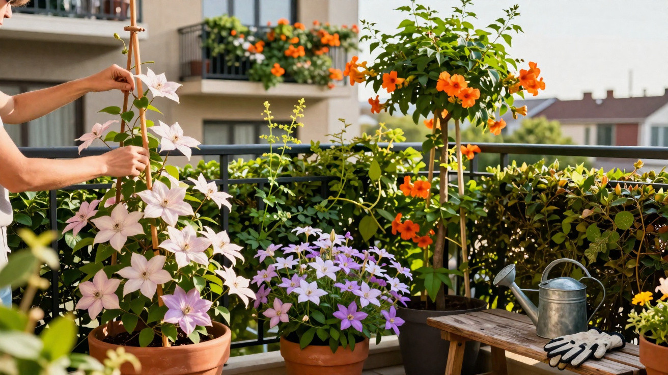 Pessoa cuidando de flores em vasos coloridos em varanda com jardim e regador sobre banco de madeira.