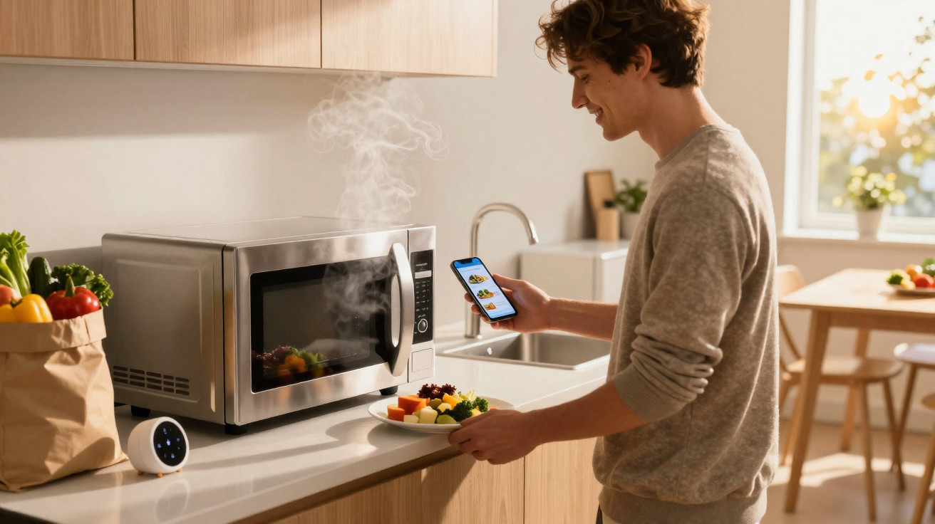 Homem retira prato de legumes do micro-ondas em cozinha moderna, usando celular para controlar aparelho.
