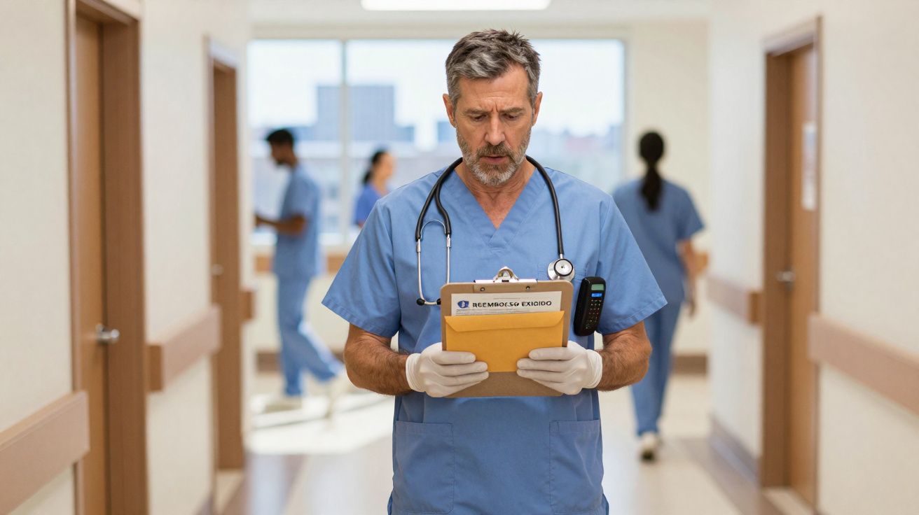 Médico masculino em corredor hospitalar lendo prontuário com esteto e luvas brancas.