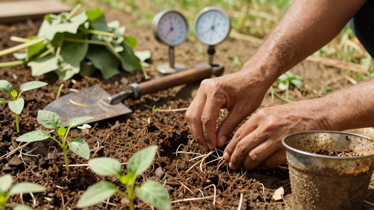 Mãos plantando sementes em solo arado com ferramentas e mudas ao redor em jardim ao ar livre.