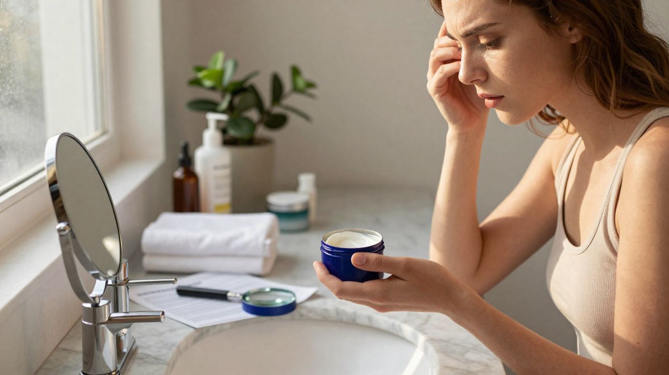 Mulher olhando creme facial em pote azul sentada em banheiro iluminado, com toalhas e plantas ao fundo.