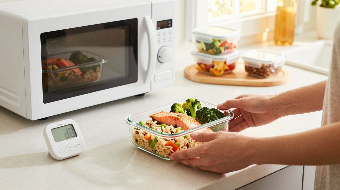 Pessoa segurando recipiente de vidro com refeição saudável próxima a micro-ondas branco na cozinha.
