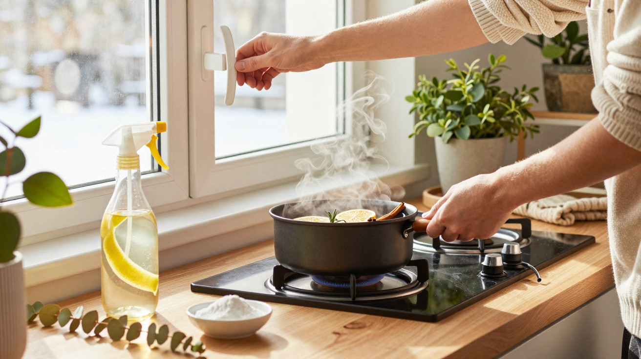 Pessoa abrindo janela enquanto cozinha em panela com vapor sobre fogão em cozinha iluminada