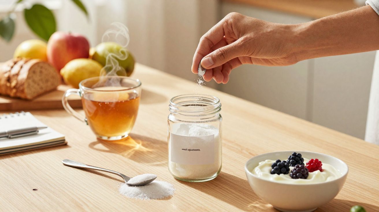 Pessoa adicionando açúcar a uma tigela de iogurte com frutas ao lado de chá e frutas sobre a mesa.