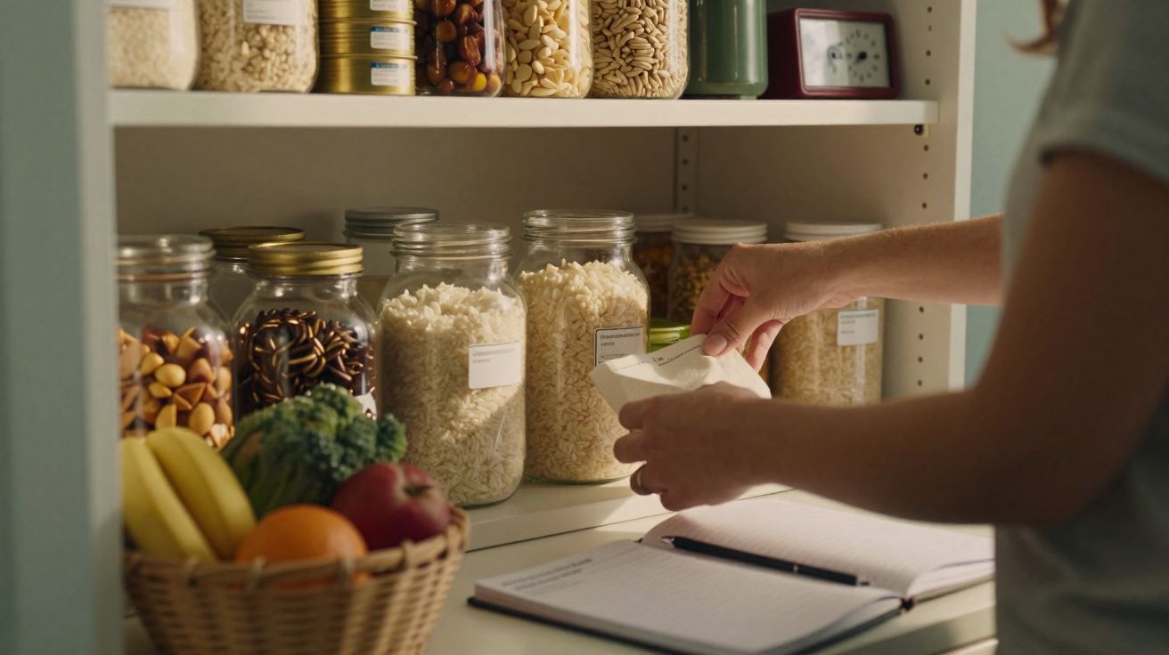 Pessoa aberta pacote branco perto de potes de vidro com grãos e frutas em cesto na cozinha organizada.