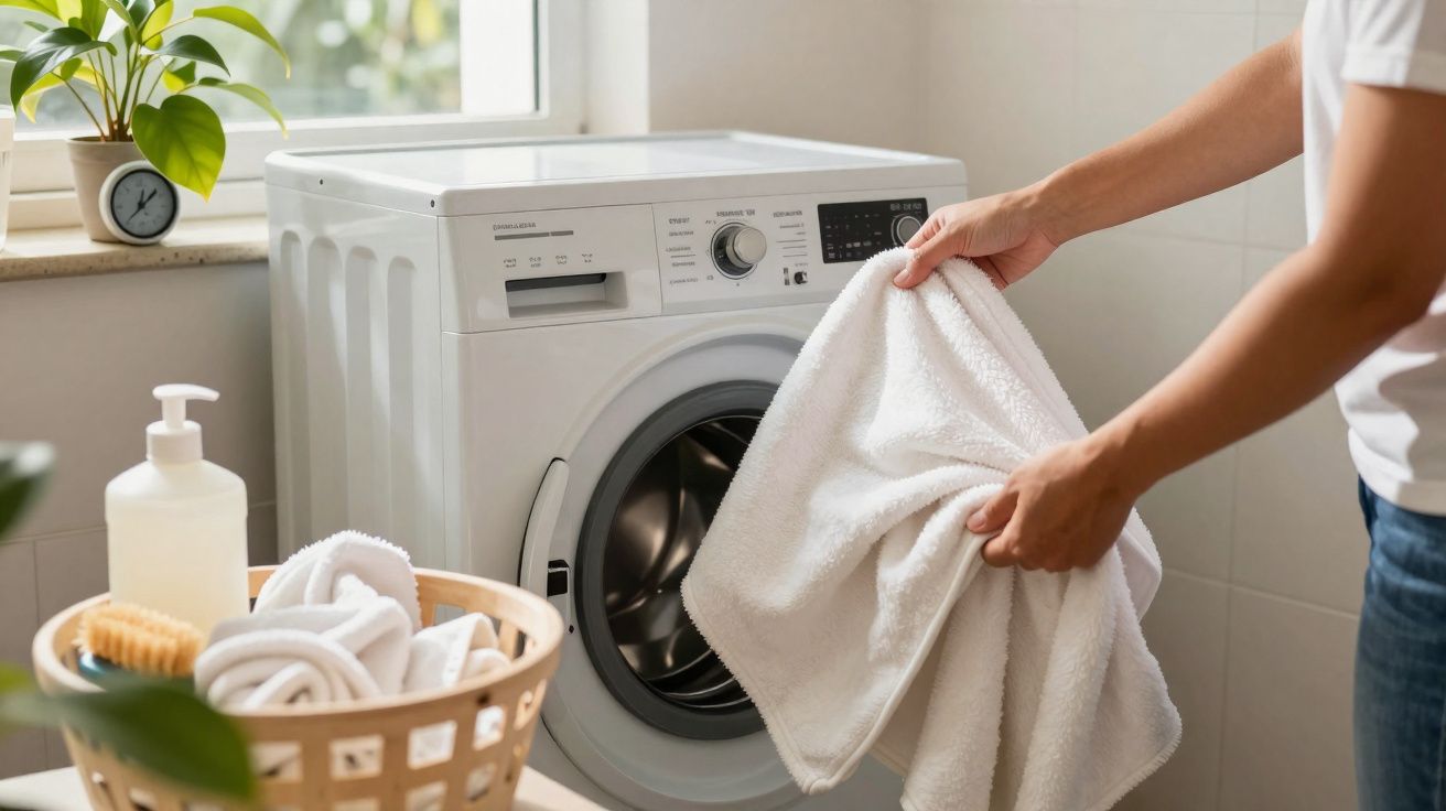 Pessoa retirando toalha branca da máquina de lavar roupa em ambiente iluminado com cesta e produtos de lavanderia.