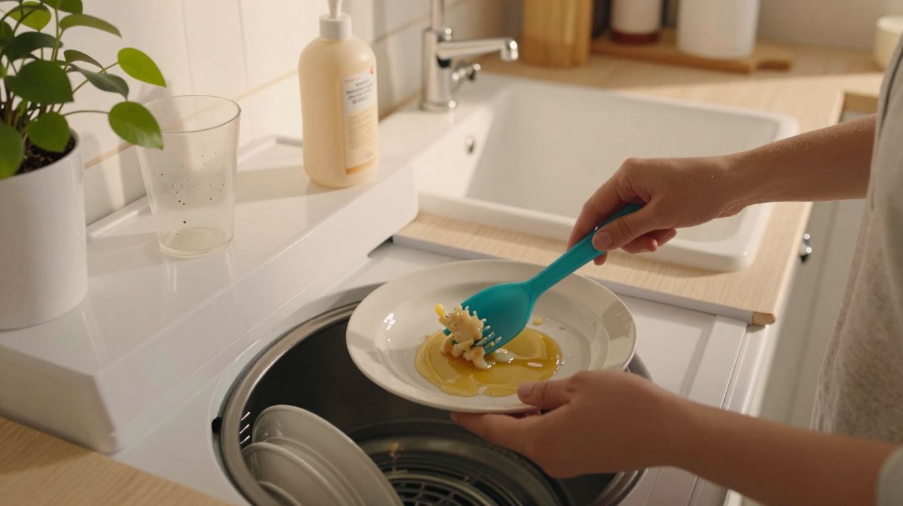 Pessoa raspando restos de comida de um prato em uma pia de cozinha com triturador de resíduos.