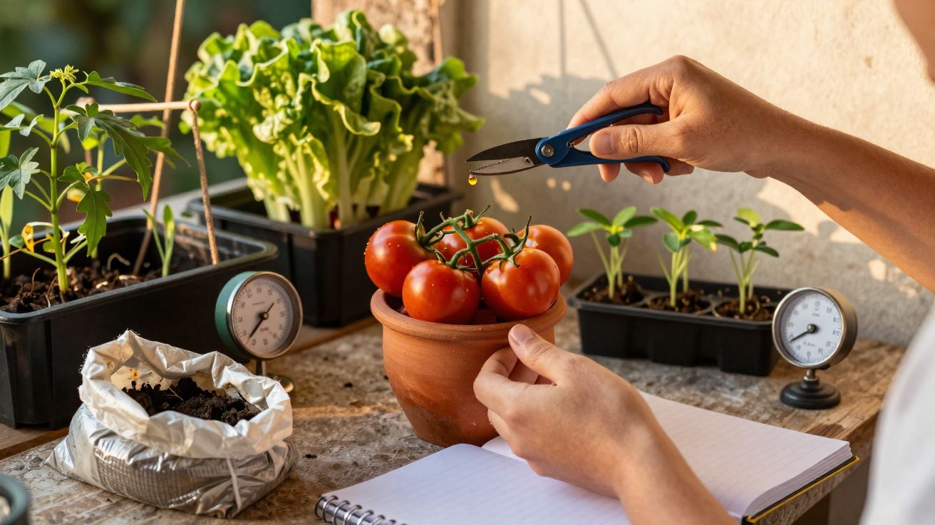 Mãos manuseando uma pequena tesoura sobre tomates em vaso, com plantas e caderno ao fundo.