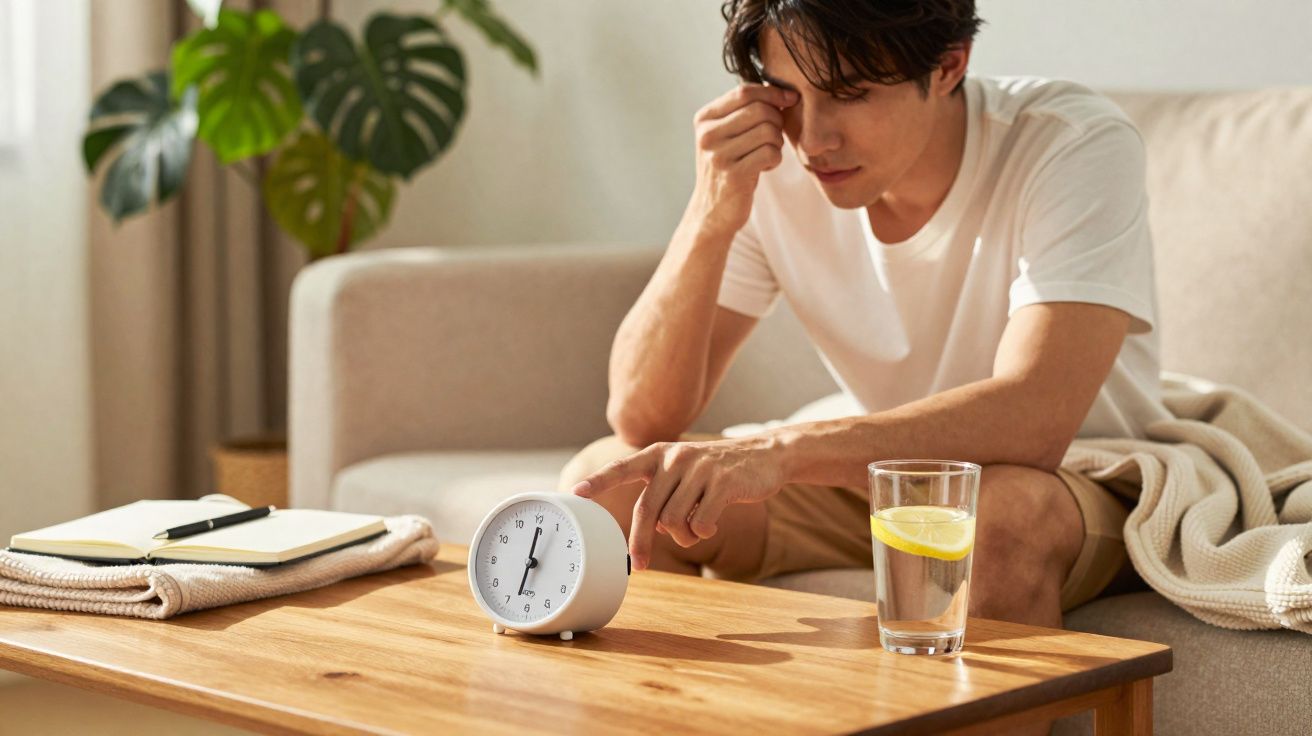 Homem sentado no sofá ajustando despertador em mesa de madeira com copo de água e caderno ao lado.
