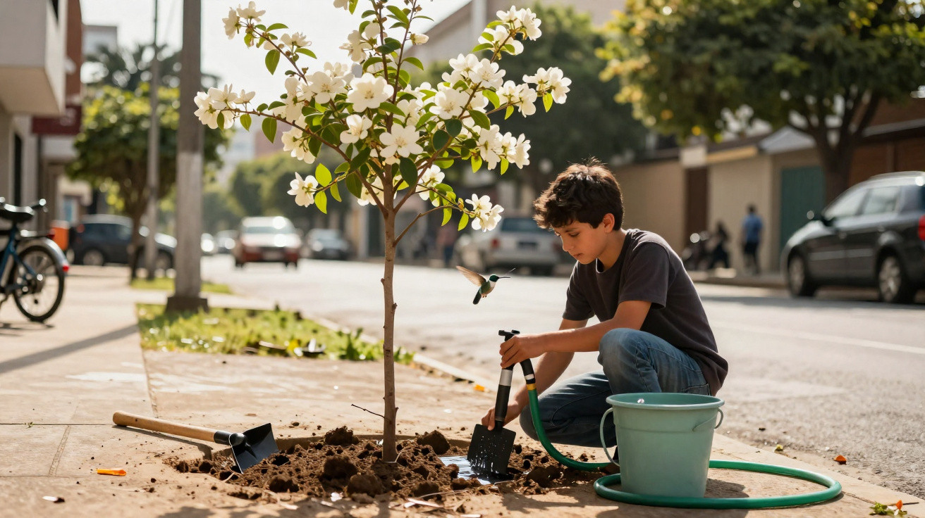 Menino regando árvore recém-plantada em calçada de rua urbana durante dia ensolarado.