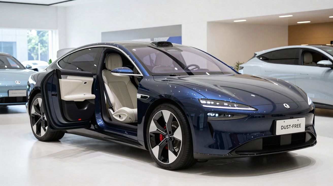 Carro elétrico azul escuro com porta dianteira aberta em showroom moderno e iluminado.