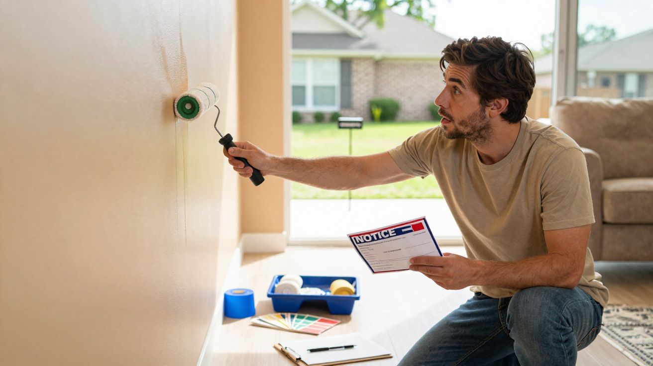 Homem pintando parede clara com rolo, segurando instruções, em sala iluminada por janela.