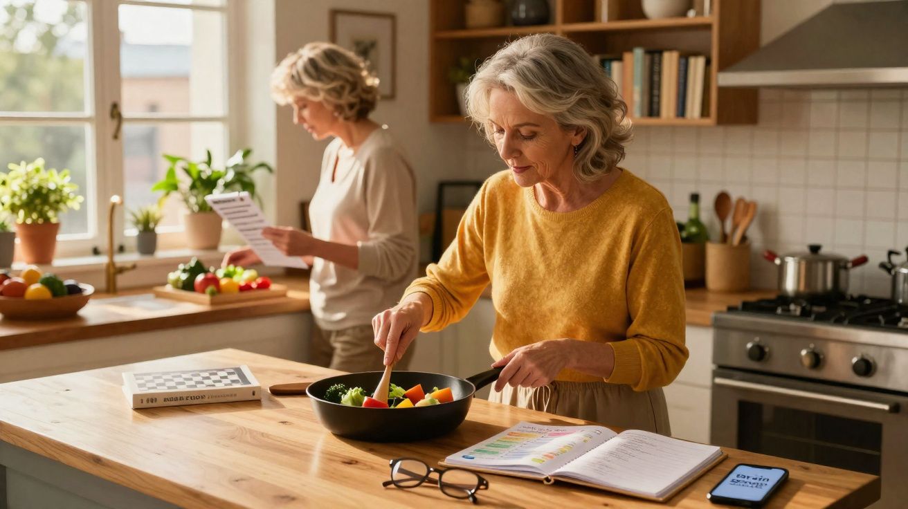 Duas mulheres maduras na cozinha, uma mexendo legumes na frigideira e outra lendo uma receita.