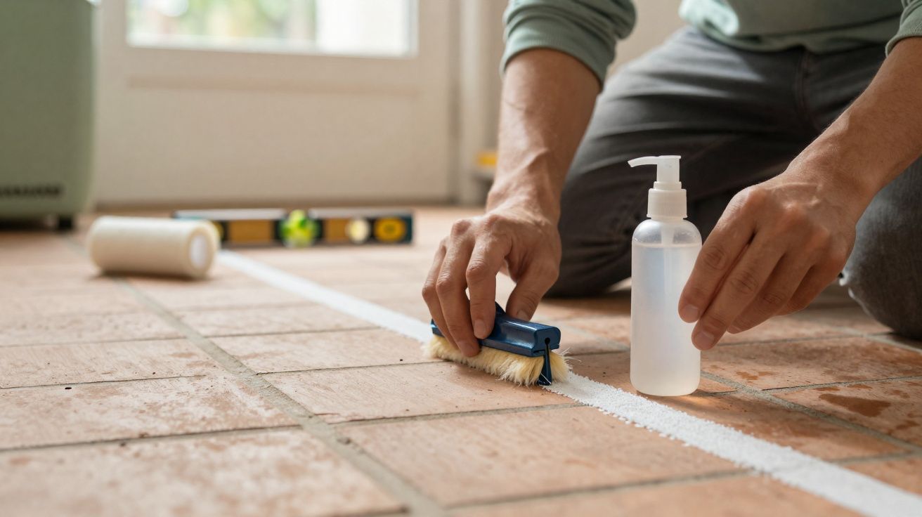 Pessoa aplica resina branca em rejunte de piso cerâmico com escova pequena e frasco spray.