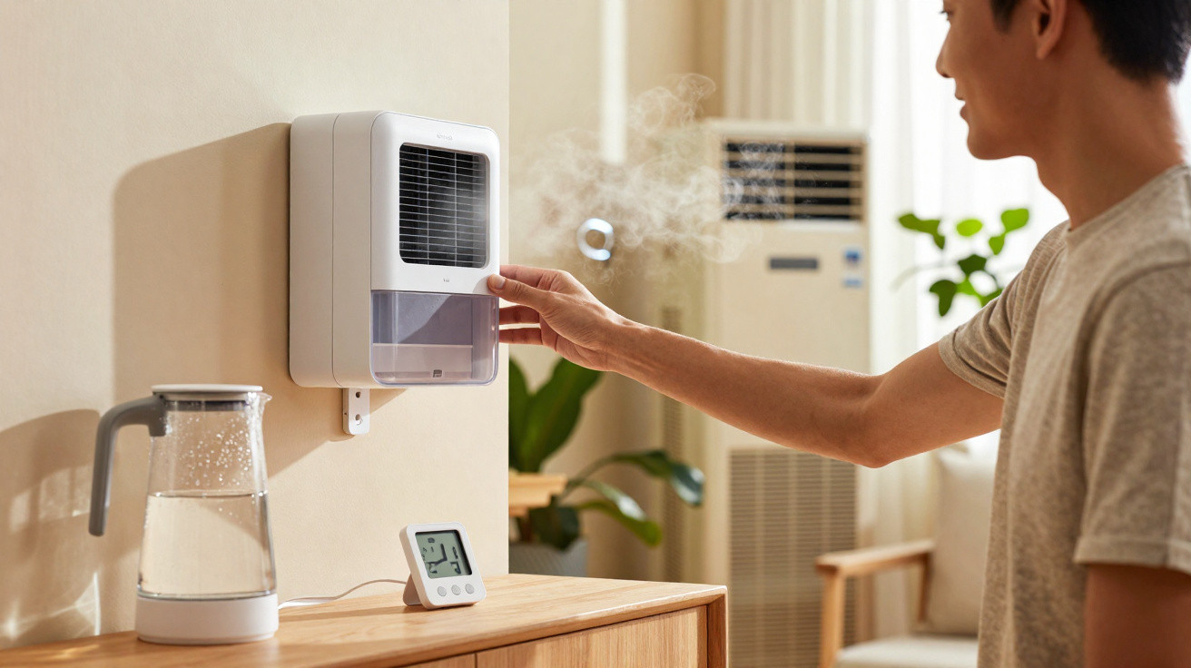 Pessoa ajusta um umidificador de parede que libera vapor em ambiente com eletrodomésticos e plantas.