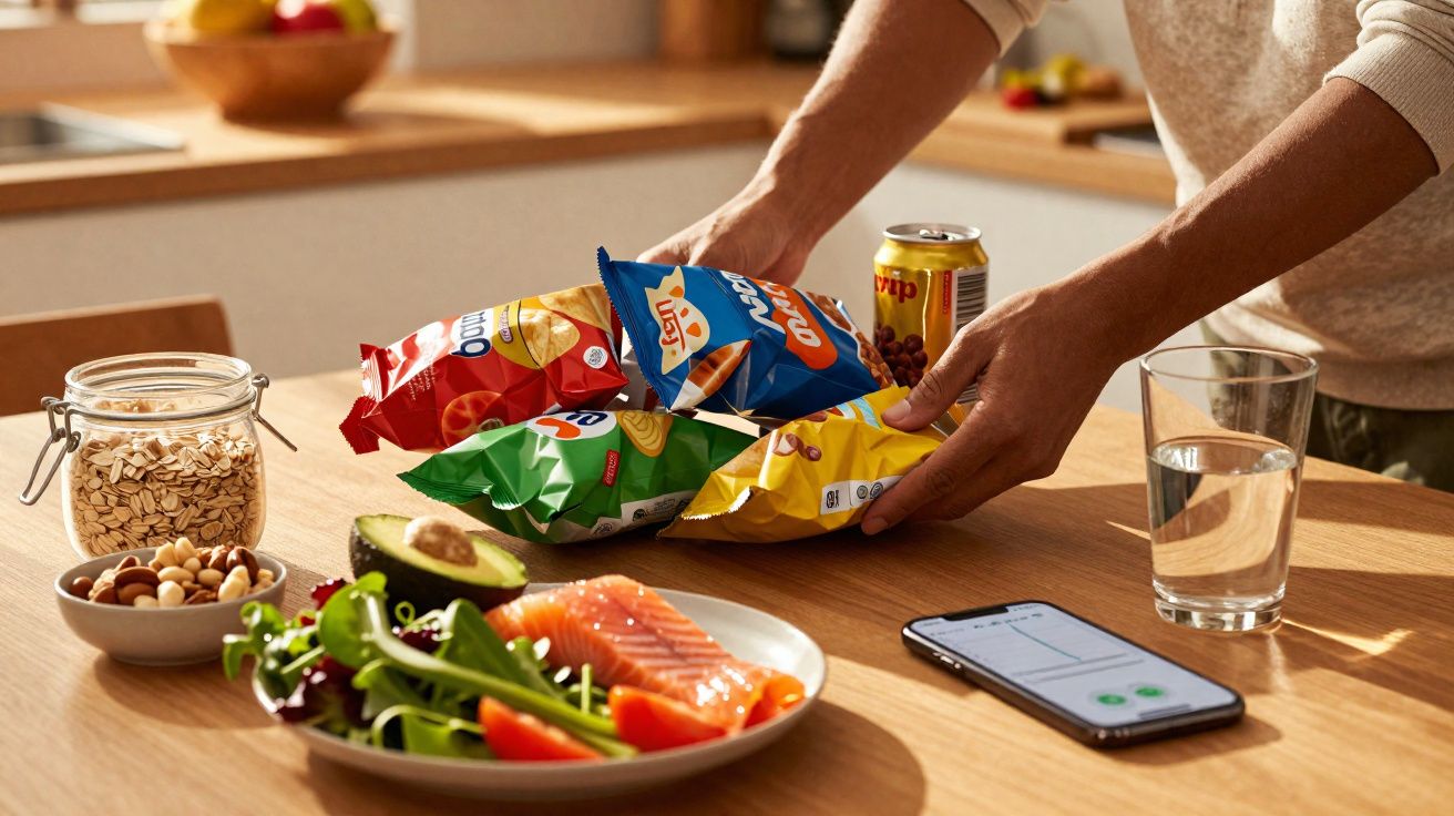 Mãos organizando pacotes de salgadinhos sobre mesa com pratos de salmão, salada, abacate, nuts, copo de água e celular.