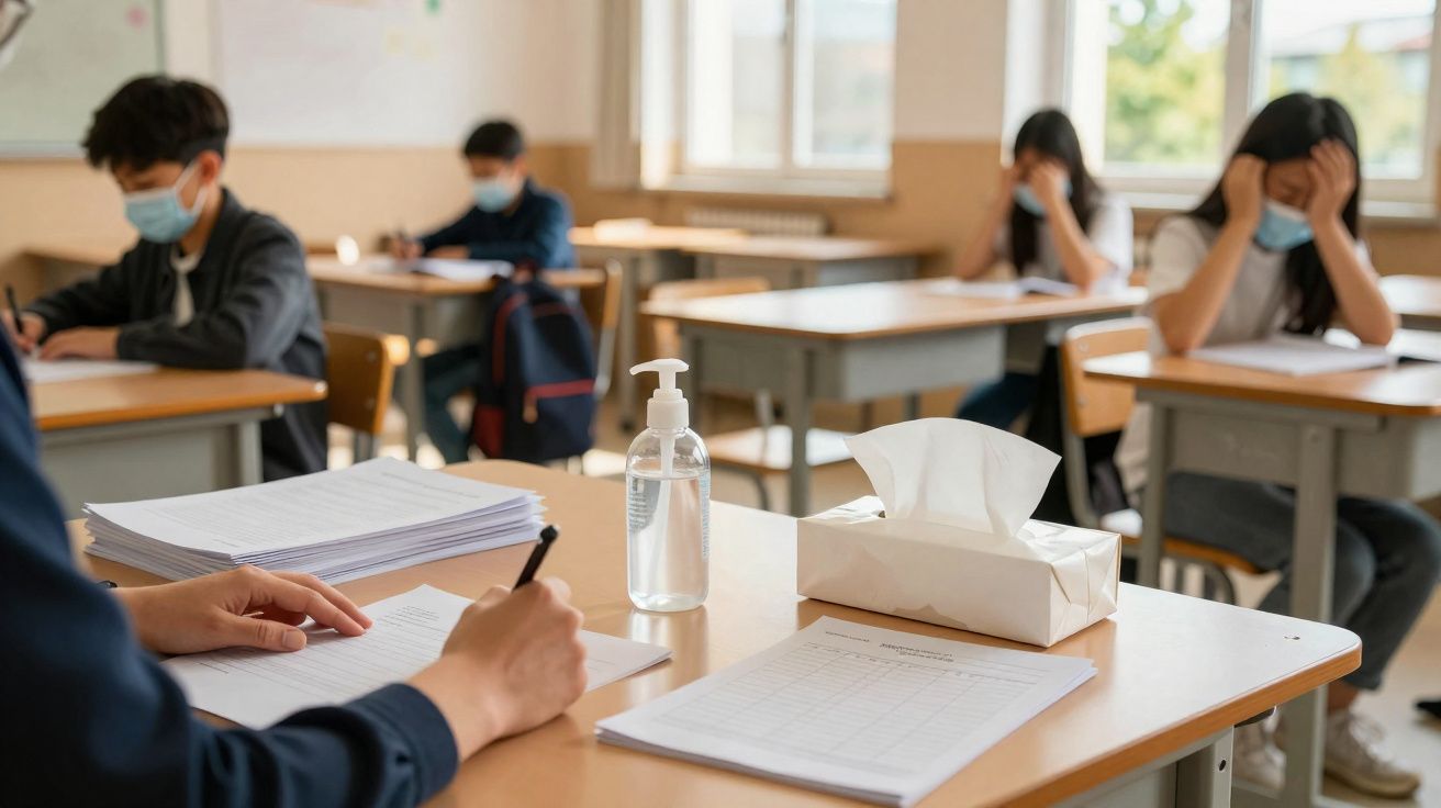 Sala de aula com alunos usando máscaras e professor corrigindo provas com álcool em gel e lenços na mesa.