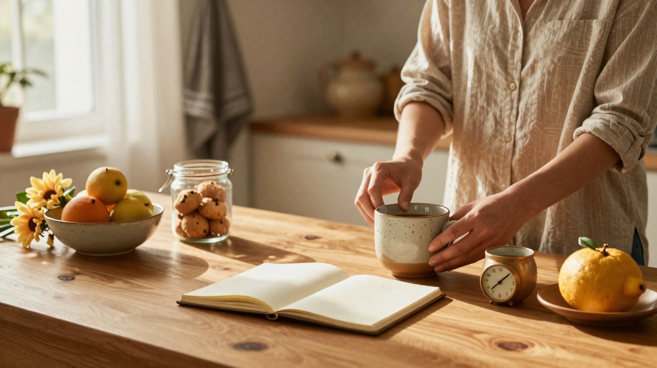 Pessoa segurando uma caneca ao lado de caderno aberto, frutas, biscoitos e relógio em cozinha iluminada pela manhã.