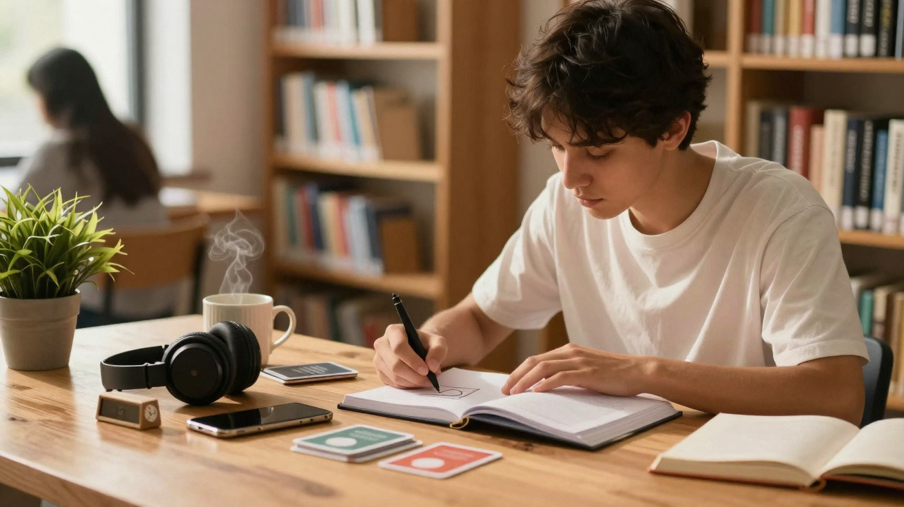 Jovem estudando e escrevendo em caderno, sentado em mesa com livros, fones e plantas em biblioteca.