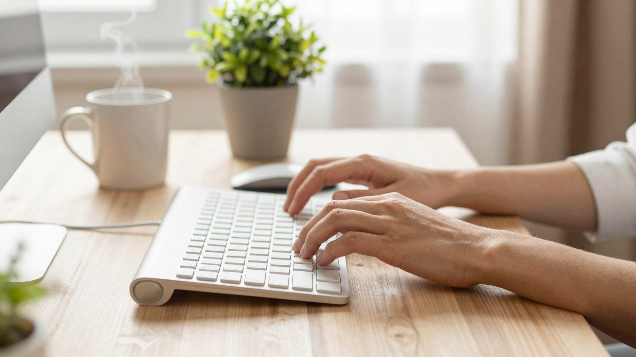 Pessoa digitando em teclado branco com caneca de café e planta sobre mesa de madeira clara.