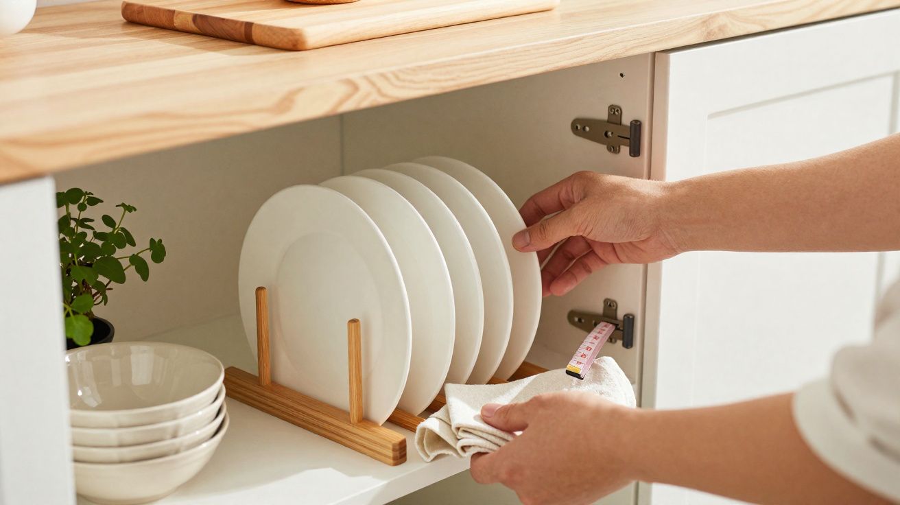 Armário de cozinha com pratos brancos organizados e mãos segurando prato e pano.