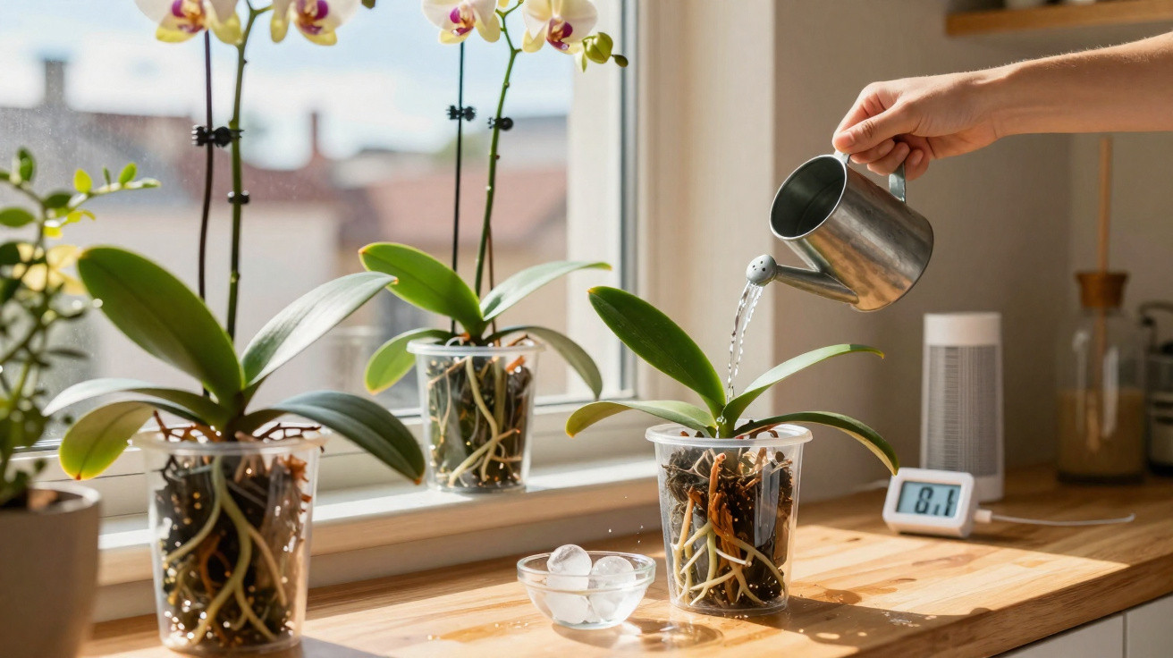 Mãos regando orquídeas em vasos transparentes no peitoril de uma janela ensolarada.