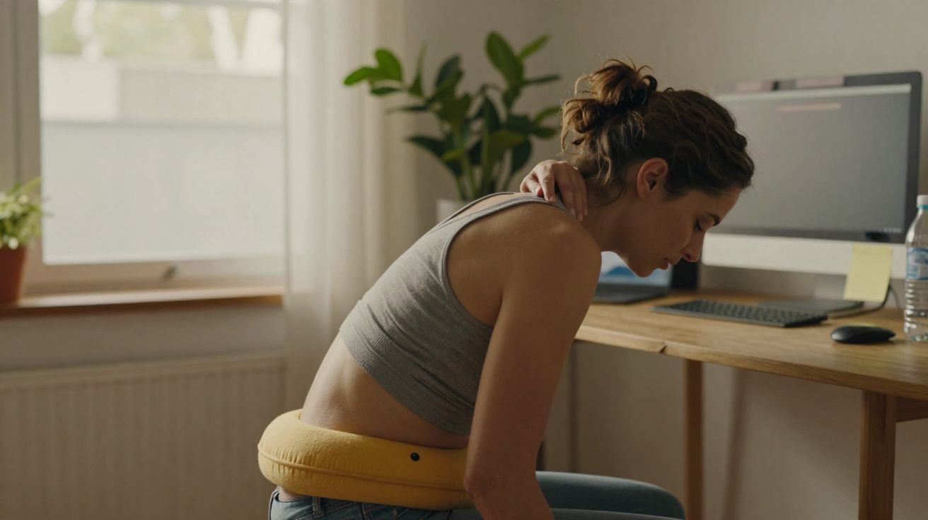 Mulher sentada em cadeira com almofada para suporte, massageando o pescoço, em ambiente de trabalho.