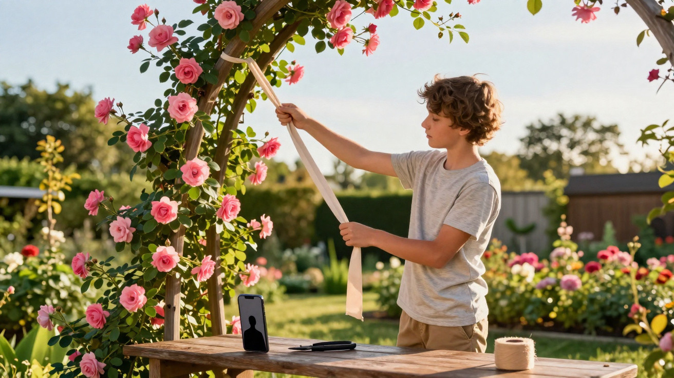 Menino amarrando fita em arco decorado com flores rosas em jardim ensolarado, com celular e caderno na mesa.
