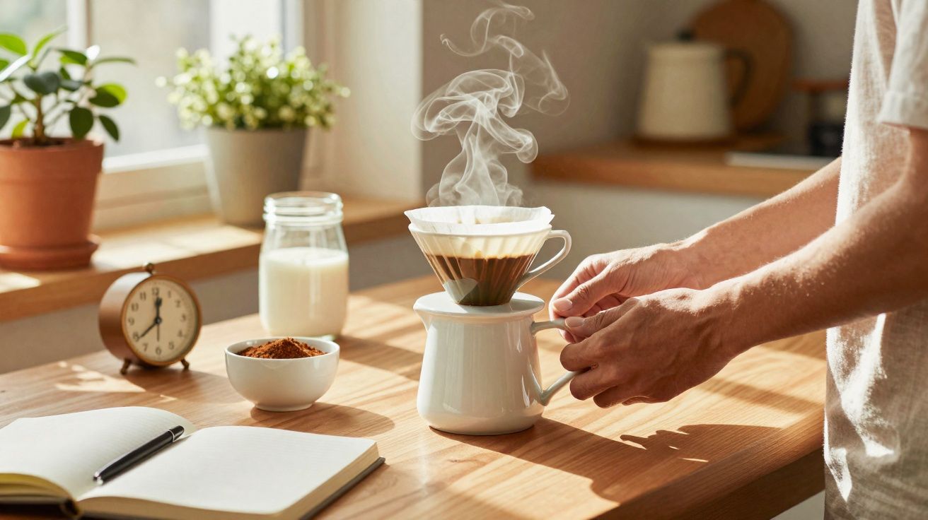 Pessoa preparando café coado em coador sobre bule em cozinha iluminada pela manhã.