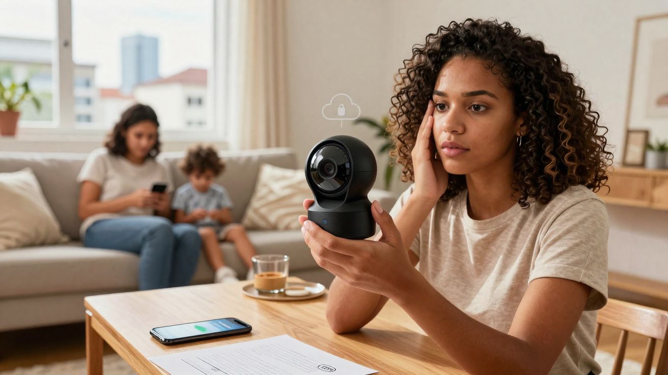 Mulher segurando câmera de segurança doméstica, com duas pessoas ao fundo no sofá.