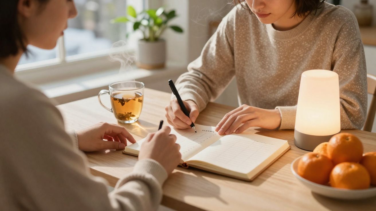 Duas pessoas escrevendo em um caderno em mesa com chá, luminária e cesto de tangerinas.